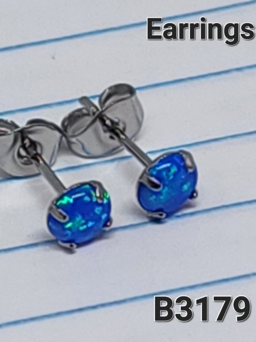 Stainless 5mm Blue Opal Stud Silver Earrings B3179